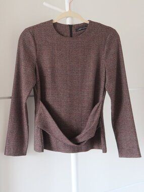 Zara Houndstooth Plaid Long Sleeve Twist Front Crew Neck Top Burgundy Size S